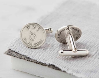 Personalised Silver Zodiac Birthday Cufflinks -Engraved with Zodiac Symbol, Initials and date on the fronts and secret messages on the backs