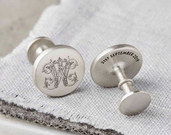 Gepersonaliseerde manchetknopen van sterling zilver met initiële monogram - zilveren manchetknopen gegraveerd met een enkele decoratieve initiaal en verborgen berichten