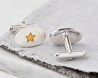 Personalised Sterling Silver You are a Star Oval Cufflinks highlighted with gold plated stars