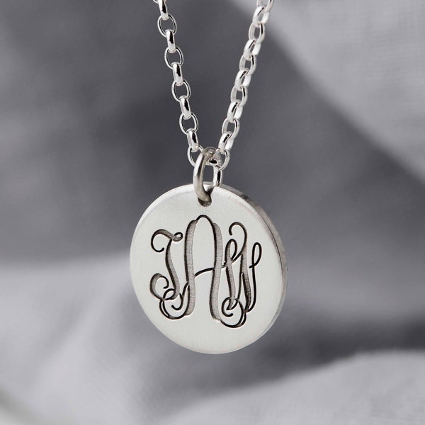 Sterling Silver Three Initial Monogram Necklace - Personalised monogram pendant engraved with 3 initials