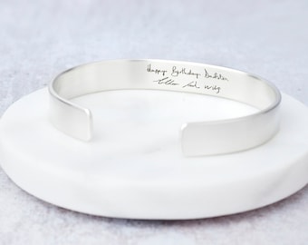 Personalised Wide Silver Handwritten Message Bangle with British Hallmark