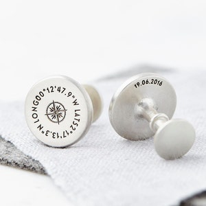 Silver Coordinate Stud Cufflinks, Personalised Wedding, Best Man, Anniversary, Birthday Gift, Custom Cufflinks, Latitude Longitude, Engraved