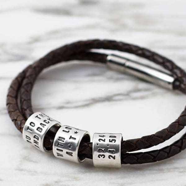 Storyteller Bracelet with Message - Leather Bracelet with Silver Engraved Charm Links Makes Wonderful Jewelry Gift for Mom