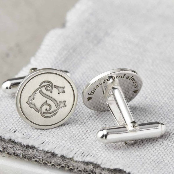 Personalised Sterling Silver Monogram Cufflinks - engraved custom two initial entwined monogram and hidden messages on the backs