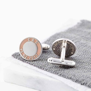 Personalised Sterling Silver Initials and Date Cufflinks with Rose Gold Plate image 1