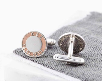 Personalised Sterling Silver Initials and Date Cufflinks with Rose Gold Plate