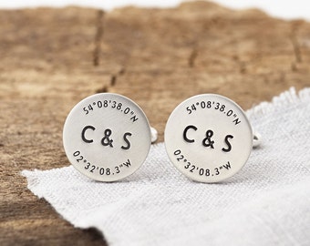 Coordinate and Initial Wedding Cufflinks - engraved with the coordinates of your wedding and your initials - a perfect gift for the groom