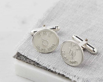 Silver Personalised Zodiac Birthday Cufflinks - engraved with their birth sign, initials and date of birth - a perfect Christening Gift