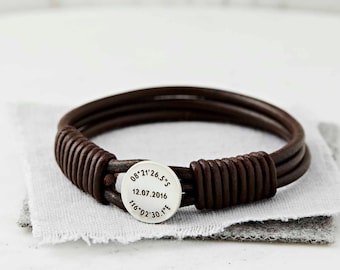 Coordinate Bracelet, Mens Leather Bracelet, Personalized Mens Bracelet, Engraved Bracelet, Custom Bracelet, Groom Gift, Mens Gift, Boyfriend