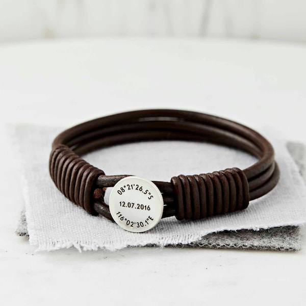 Coordinate Bracelet, Mens Leather Bracelet, Personalized Mens Bracelet, Engraved Bracelet, Custom Bracelet, Groom Gift, Mens Gift, Boyfriend