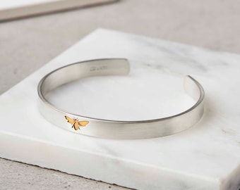 Sterling Silver Personalised Bangle, Personalised Cuff, Bee Jewellery, Engraved Bangle, Silver and Gold Bangle, Customised Bracelet