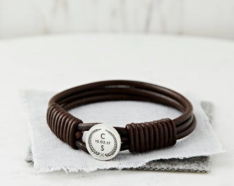 Custom Sterling Silver and Leather Wedding Logo Bracelet, Men's Leather Silver Bracelet, Personalized Men's Bracelet, Engraved Bracelet