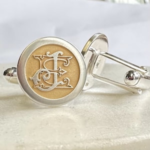 Custom Wedding Monogram Cufflinks - your wedding monogram logo engraved on sterling silver cufflinks, highlighted with gold. Gift for groom.