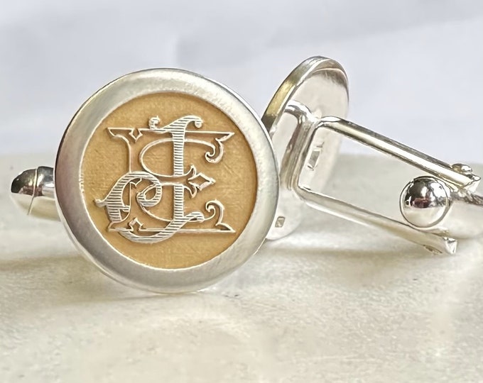 Custom Wedding Monogram Cufflinks - your wedding monogram logo engraved on sterling silver cufflinks, highlighted with gold. Gift for groom.