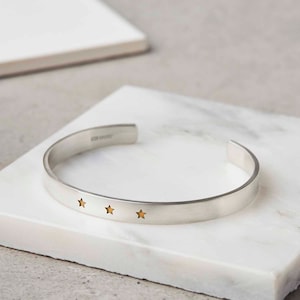Sterling Silver Personalised Bangle, Personalised Cuff, Star Bangle, Engraved Bangle, Silver and Gold Bangle, Customised Bracelet