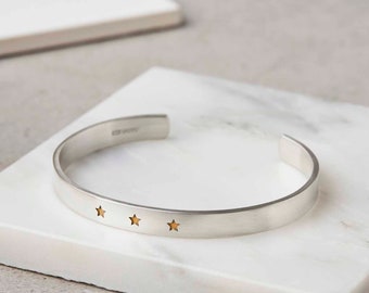 Sterling Silver Personalised Bangle, Personalised Cuff, Star Bangle, Engraved Bangle, Silver and Gold Bangle, Customised Bracelet