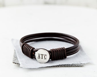 Silver Leather Monogram Personalised Bracelet, Monogram Jewelry, Engraved Custom Bracelet, Initial Bracelet, Mens Bracelet, Gift for Him