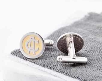 Personalised Sterling Silver Monogram Cufflinks – engraved with a unique entwined monogram of two initials highlighted with gold plate