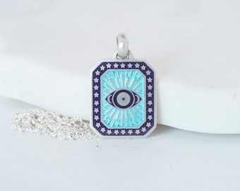 Silver Evil Eye Pendant with Deep Blue & Turquoise Enamel - protection amulet handmade from recycled fine silver and vitreous glass enamel