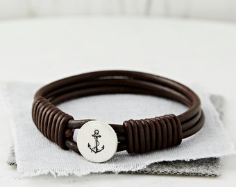 Anchor Men's Personalised Engraved Bracelet, Gift for Men, Personalised Bracelet for Men, Silver Leather Custom Bracelet, Handmade Bracelets