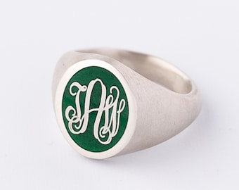 Personalised Sterling Silver Signet Ring engraved with three initials and hand enamelled to add a pop of colour - handmade, hallmarked