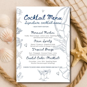 Modèle de menu cocktail modifiable A5 | Menu de boissons de fête d'anniversaire nautique | Fête du bateau imprimable | Faire correspondre l'invitation d'anniversaire de la mer