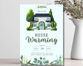 Watercolor Housewarming Invitation: Greenery New Home Party (5x7 Digital Download Canva Template)