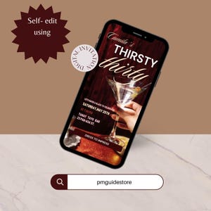 Può includere: Uno smartphone mostra un invito digitale per la festa di compleanno "Thirsty Thirty" di Camila. L'invito presenta un bicchiere da martini, i dettagli dell'evento e il testo "Dress to Impress".