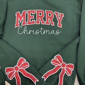 Merry Christmas Embroidered Sweatshirt with Bow Sides | Custom Christmas Sweatshirt | Holiday Sweatshirt | Personalized Embroidered Gift
