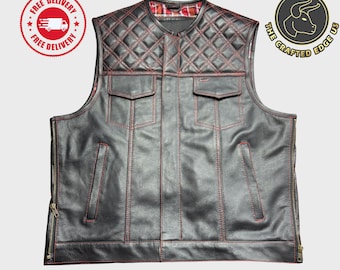 Black Leather Biker Vest for Men, Quilted Red Stitching Panels, Side Zipper Club Style
