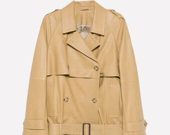 Beige Leather Trench Coat Womens | Double Breasted Coat | Sheepskin