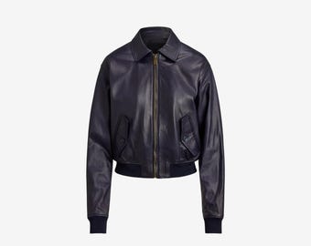 Navy Blue Leather Bomber Jacket For Womens, Lambskin Moto Jacket
