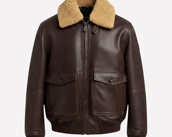 Handmade Brown Aviator Leather Jacket for Mens With Shearling Collar, Vintage Bomber Coat
