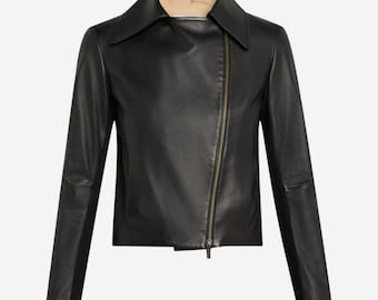 Modern Cropped Black Leather Moto Jacket, Zippered Collar Detail