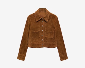 Women’s Brown Suede Leather Jacket, Cropped Jacket With Buttons, Western Style, Gift For Her