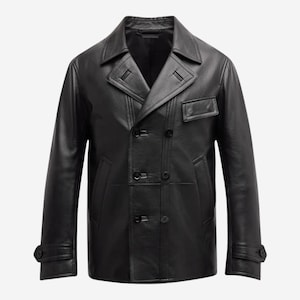 Caban en cuir de chèvre grainé pour homme, Veste en cuir pour homme douce, durable, intemporelle, Qualité supérieure, Style classique noir, Manteau croisé