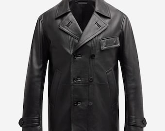 Grained Goat Leather Peacoat, Soft Black Double Breasted Jacket