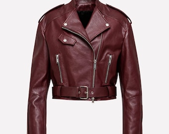 Burgundy Lambskin Leather Moto Jacket Womens