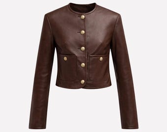 Dark Brown Cropped Leather Jacket with Gold Buttons,