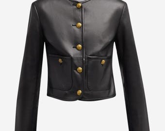 Womens Cropped Leather Jacket, Gold Button Accent