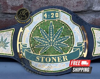 420 Weed Stoner World Wrestling Championship Belt, 4mm Brass, Genuine Leather