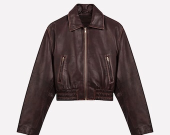 Women’s Brown Leather Jacket Cropped | Women Vintage Zip Jacket, Sheepskin