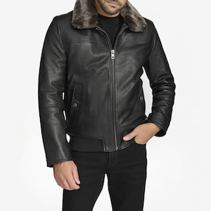 Men’s Black Sheepskin Leather Jacket with Fur Collar, Black Leather Bomber Coat, Winter Motorcycle Classic Style Jacket, Premium Quality