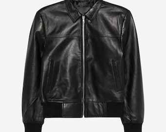 Black Sheepskin Leather Bomber Jacket, Ribbed Trim, Classic Moto Style
