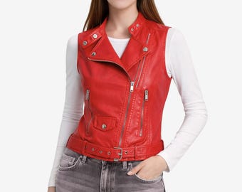 Red Leather Vest Women's, Sheepskin Leather With Belt, Asymmetrical Zip, Slim Fit