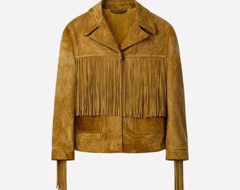 Women’s Fringe Suede Leather Jacket, Vintage Western Cowgirl With Long Tassels