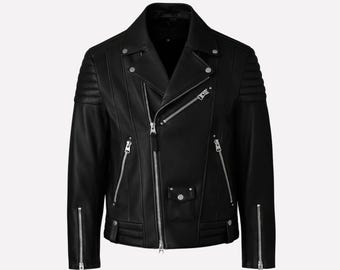 Black Leather Motorcycle Jacket for Men, Modern Biker Style, Streetwear Slim Fit Leather Outerwear