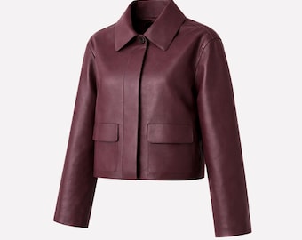 Womens Cropped Burgundy Leather Jacket, Shirt Collar Streetwear Leather Coat