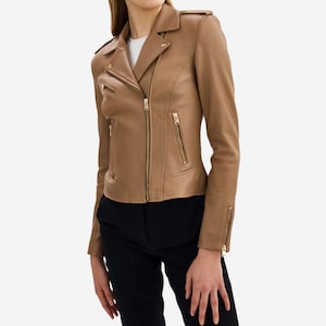 Blouson en cuir marron clair pour femme, veste de moto en cuir marron clair doux, style motard court chic, veste motard en cuir pour femme, cadeau pour elle