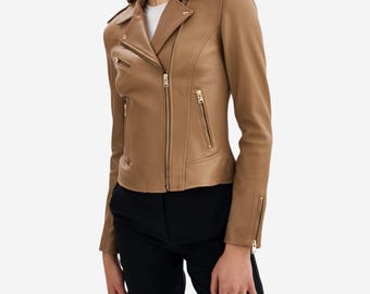 Light Brown Leather Moto Jacket, Cropped Biker Style